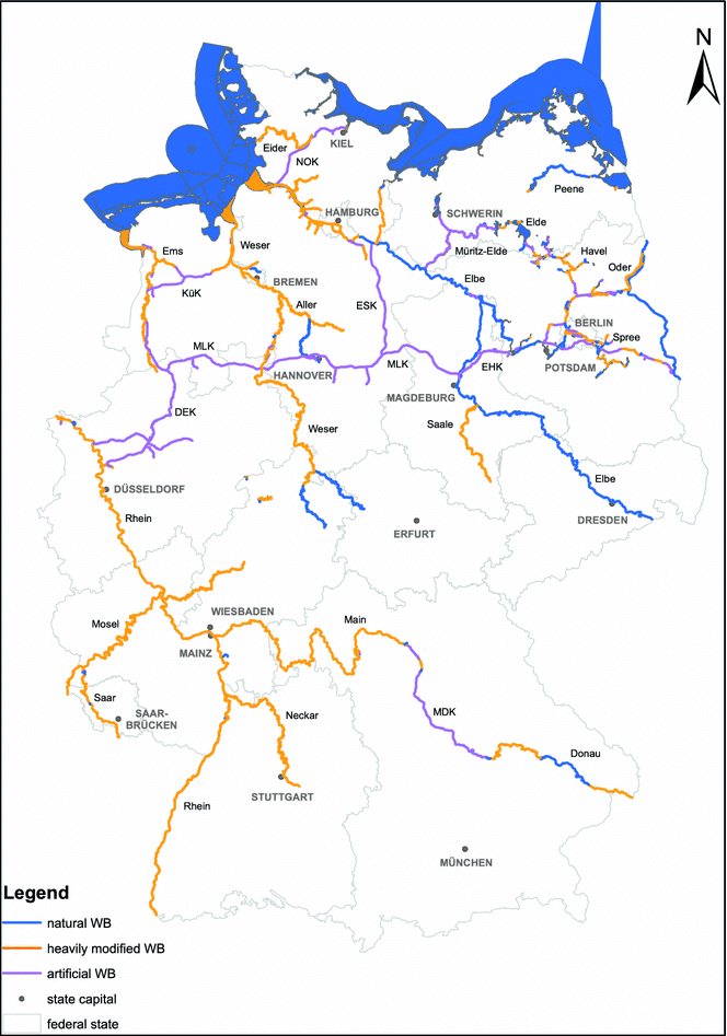Map depicting the federal waterways of Germany also showing all water categories and 2