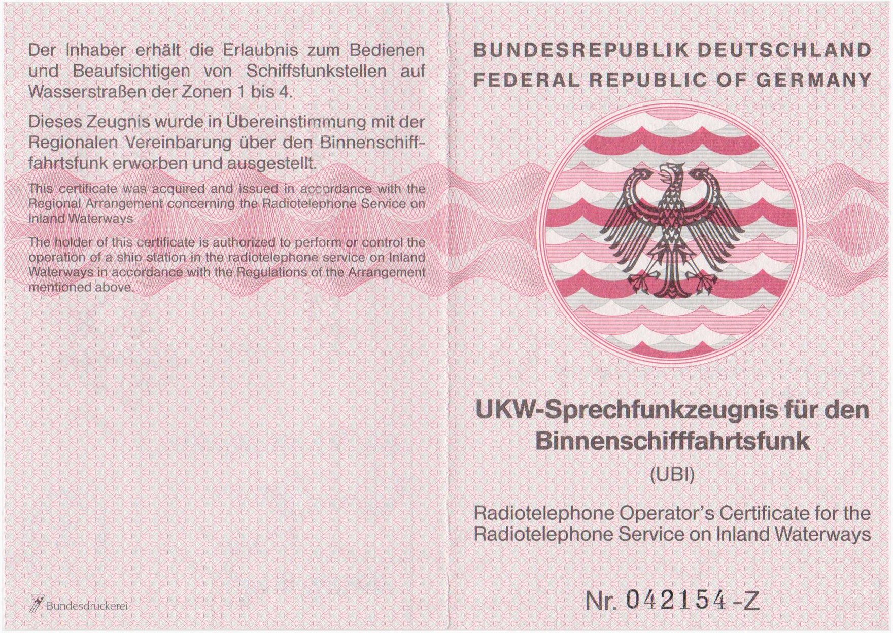 UKW Sprechfunkzeugnis für den Binnenschifffahrtsfunk UBI retuschiert